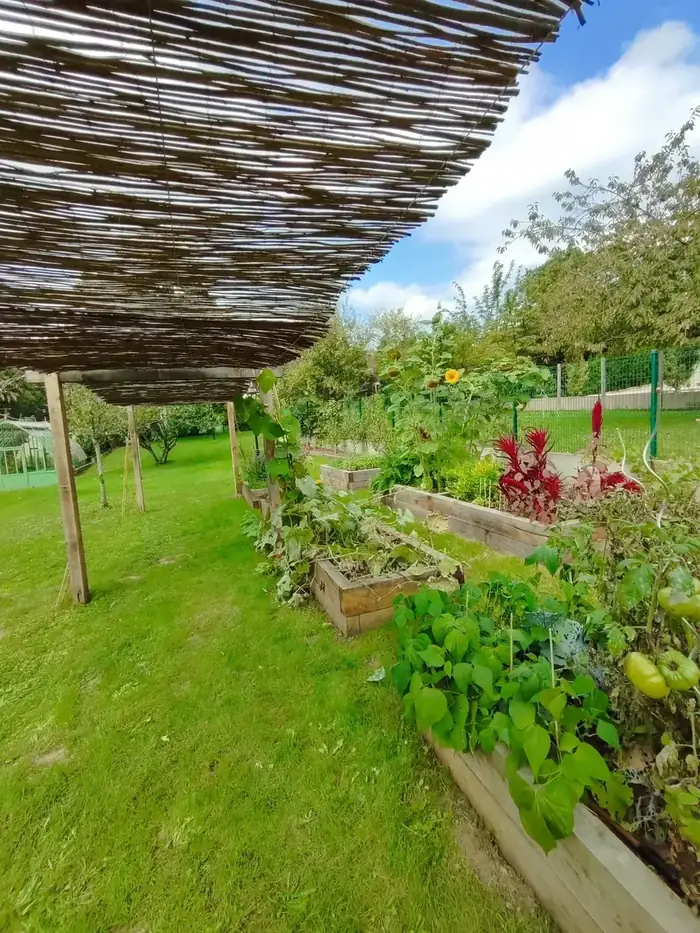 Zone de culture abritée sous une pergola en bois