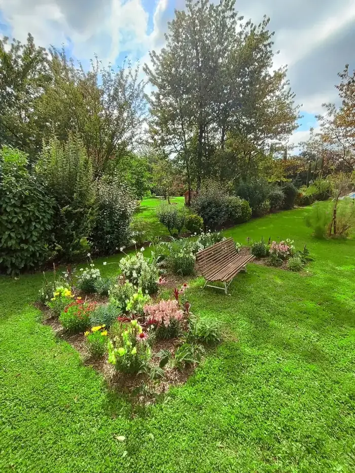 Pelouse tondue et massifs fleuris en bordure