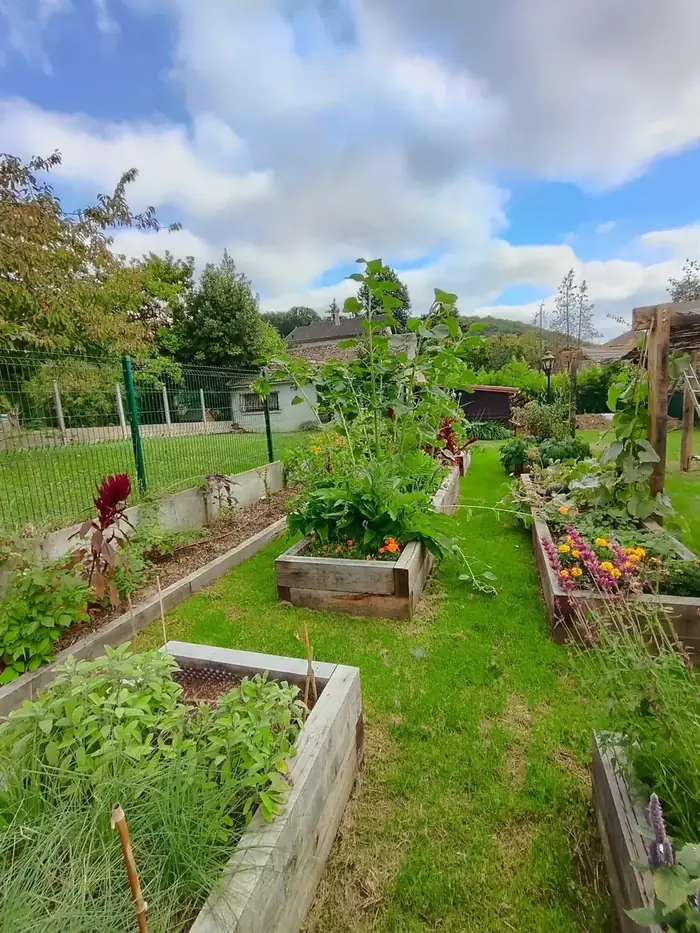 Potager en carrés surélevés dans un jardin partagé